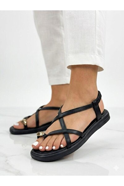 Lütfi Women's Black Gold Ring Detailed Soft Sole Casual Flip-Flop Sandals