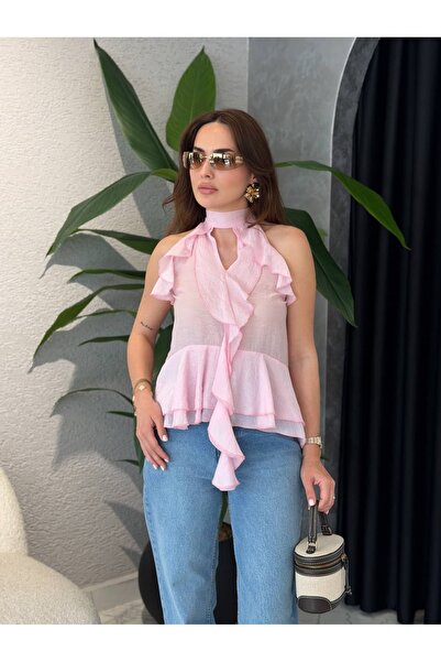 By Merve Darende Halter Yaka Volanlı Transparan Bluz