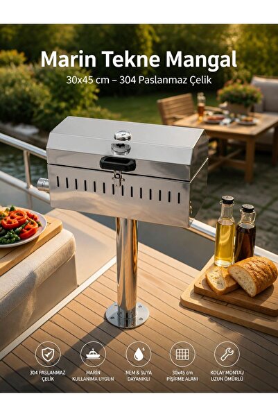 Kaan Coşkun Metal Kömürlü Marin Tekne Mangalı 30x45 – 304 Paslanmaz Krom Stan...