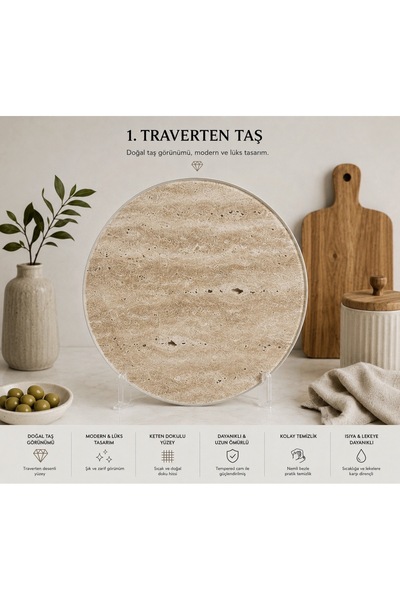 CONCEPT CAM Premium Traverten Luxe Dekoratif Sunum Cam Tabağı