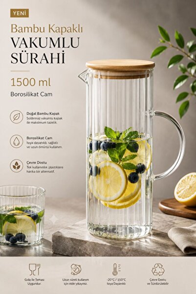KaraWent Home Bambu Kapaklı Vakumlu Borosilikat Cam Sürahi 1500 ML Şeffaf Cam...