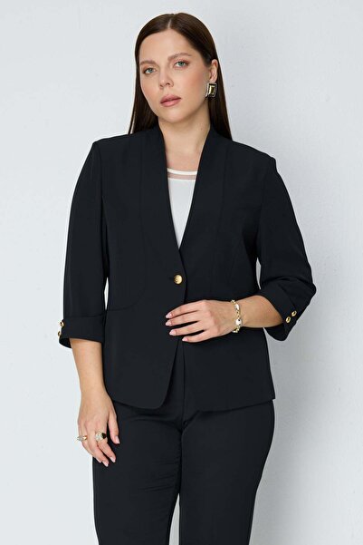Ekol Women's Plus Size Double Sleeve Single Button Jacket 1548 Black