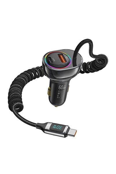 Usams Încărcător auto USB-C cu două porturi 60W cu afișaj digital și cablu Ty...