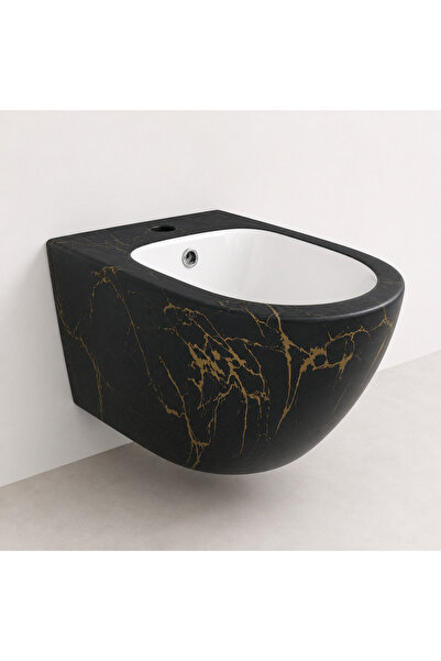 Casa Stile Vas Bideu Suspendat Negru Mat cu Model Marmorat Auriu, Ceramica Sa...