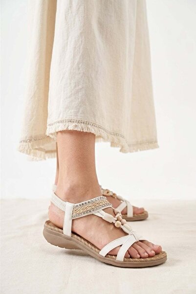 Ayakkabı Fuarı Elit Hml4122 Women's Stoned Flat Sandals White