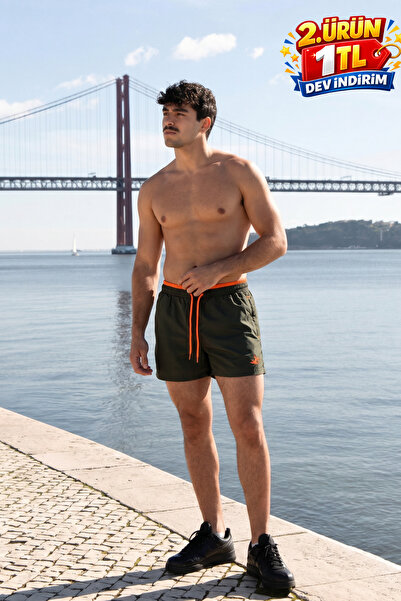 DAMGA JEANS Erkek Relax Fit Bağcıklı Fermuarlı Cepli Haki Deniz Şortu