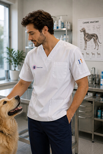 mirach Men's Vet Name Embroidered White Surgical Uniform Top with Paws Medica...