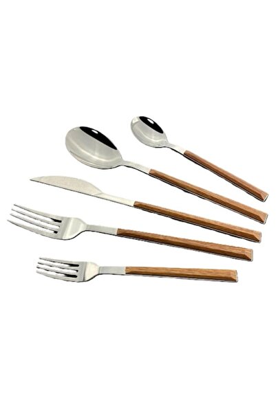 DAMUR Set of 5 Cutlery, Stainless Steel and Wooden Handle, Brown