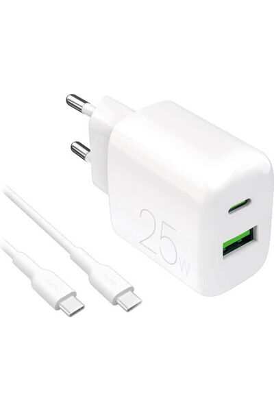 Puro Φορτιστής με θύρα USB-A και θύρα USB-C και καλώδιο USB-C - USB-C 25W Λευ...