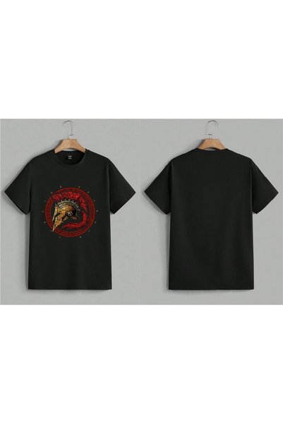 EFEVRA Gladiator Helmet Printed Oversized T-Shirt with Red and Yellow Colors