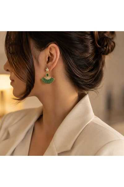 livaz accessories Kadın Çelik Kararmaz Yeşil Yelpaze Küpe