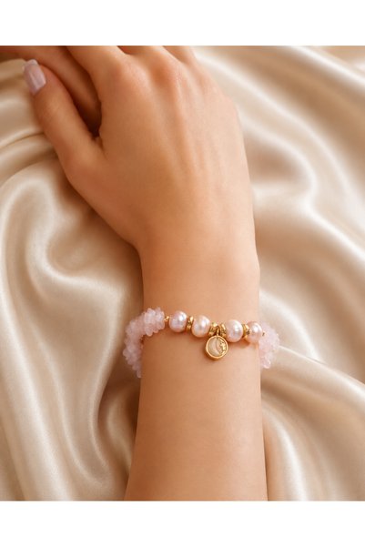 Zokak Pink Quartz Pearl Natural Stone Women's Bracelet with Gold Detail Adjustable Gift Bracelet