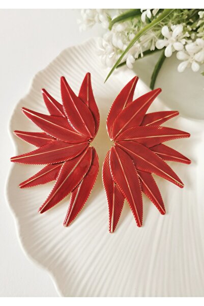 Halley Concept Red Palmira Leaf Form Steel Earrings 5X8.5 cm