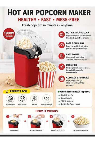 Generic Hot Air Popcorn Maker 1200W Oil-Free Electric Popcorn Machine Fast He...