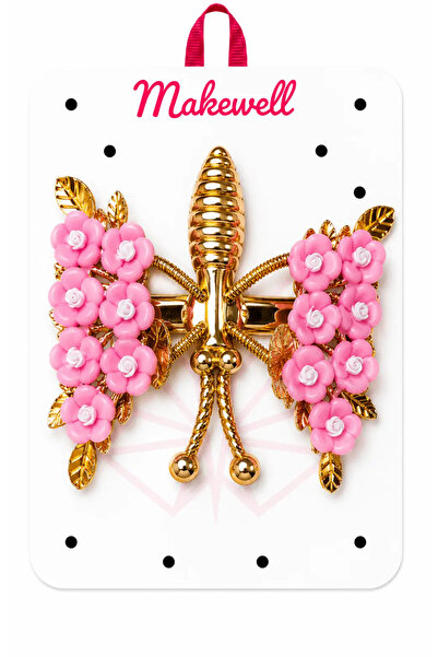 MakeWell Pink Flower Detailed Automatic Clasp Hair Clip – Gold Metal Large Si...