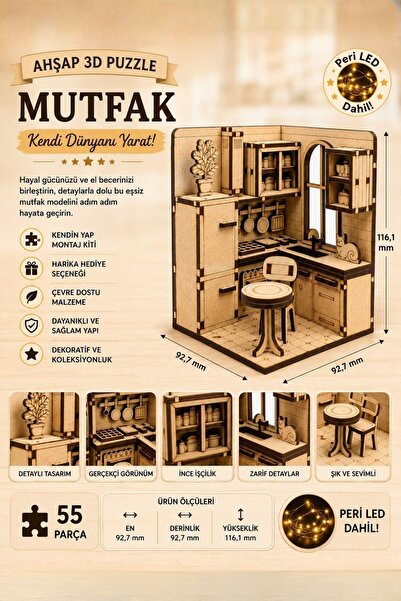 ALGWOOD Mutfak Book Nook – Lazer Kesim Ahşap 3D Puzzle | DIY Miniatur Mutfak ...