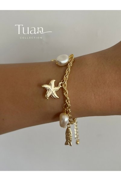 Tuan Collection Dangle Bracelet Starfish Lucky Fish Turtle and Pearl Detail Bracelet Gold