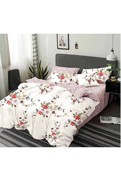 Sky Home Set de lenjerie de pat Finet 6 piese, Alb/Roz cu flori mici-KY50