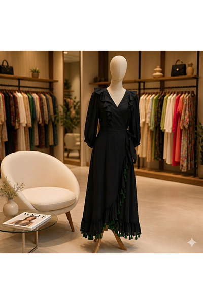 Cynthia Rowley فستان ماكسي أسود مزدوج الصدر مزين بشراشيب زمردية للنساء