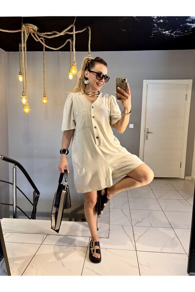 Gözde Tasarım Butik Women's Natural Cream Color Fluid Bohemia Buttoned Linen ...