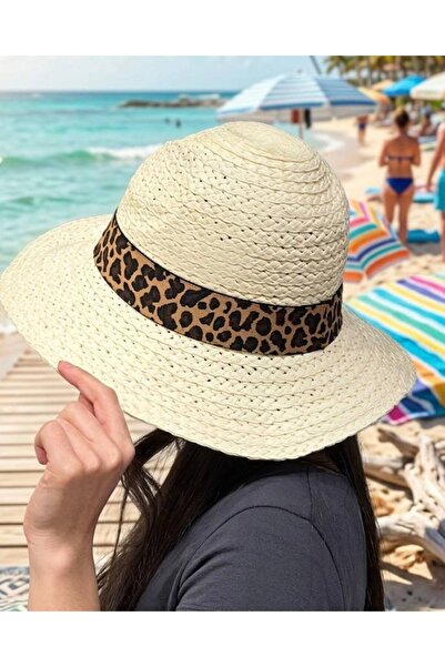 MD Moda Accessories Leopard Band Detailed Straw Beach Hat