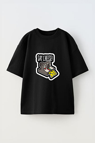 Anetos Tricou oversize negru din bumbac cu imprimeu frontal, design cameră fo...
