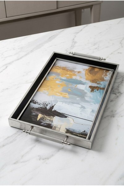 Sembol Luxury Glass Presentation Tray with Handles Black Silver Tray 50X31X4 Cmlu