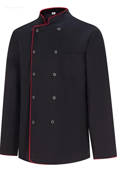 BİTEKS Bi Teks Premium Black Judge Collar Chef Jacket _Brown Piping Chef Uniform