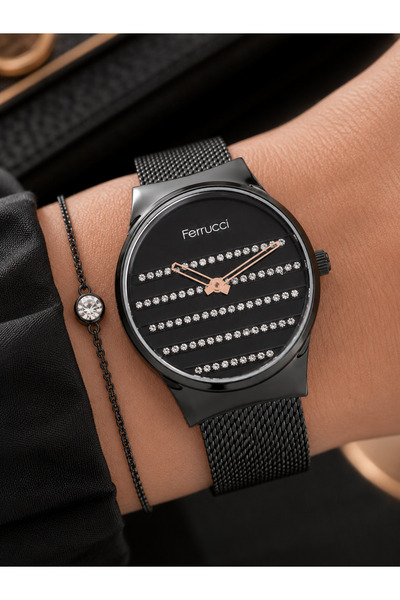 Ferrucci Women's Wristwatch with Wicker Steel Band, Black Color, Casual and S...