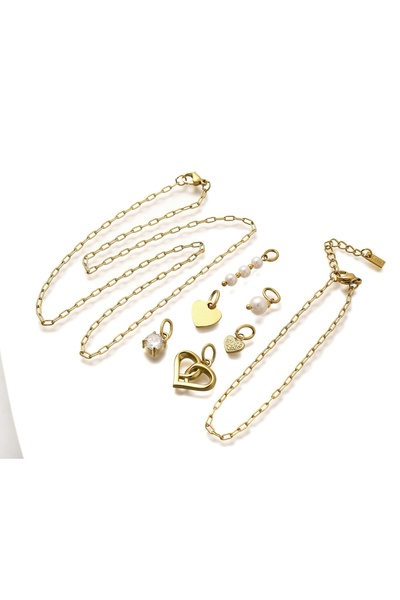 OEM Necklace and bracelet Top Bottom Set with heart pendant and pearls, 14K g...