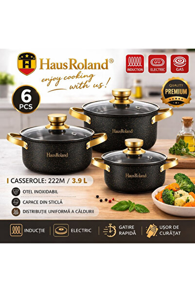 Haus Roland 6-Piece Non-Stick Granite Cookware Set, Induction Pots with Glass...