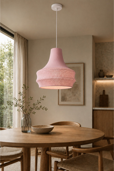 Limon 3D Desing Hasır Görünümlü Modern Sarkıt Avize Pembe Japandi Tasarım Kaf...