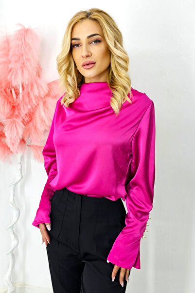 FashionForYou Bluză de satin Tasha cu mâneci lungi evazate și nasturi decorat...