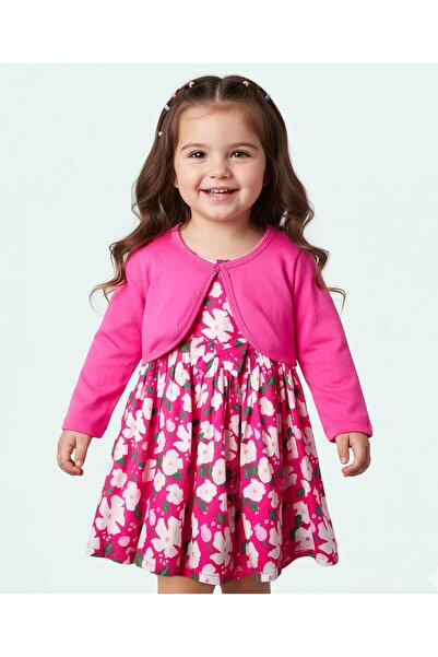 Babyhug Cotton Knit Floral Printed Dress With Solid Shrug - Fuchsia