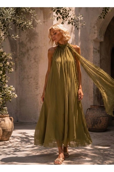 ibeeka Olive Mirage Lace Shawl Detailed Maxi Length Premium Dress