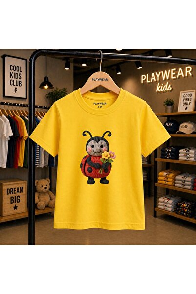 playwear Tricou unisex pentru copii 100% cu imprimeu cu flori de buburuză, pe...