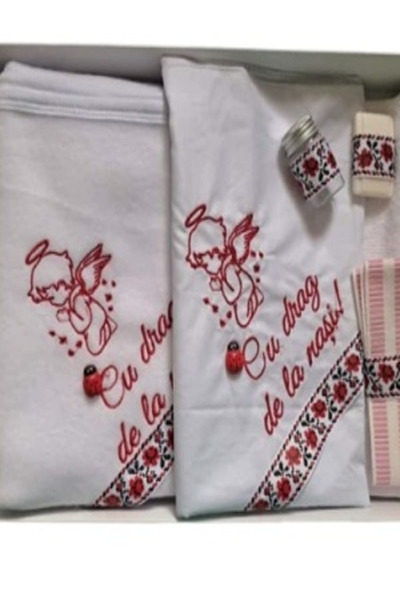 HUGBEBE Trusou de botez, 6 piese, cu paturica si panza, ingeras motiv traditi...