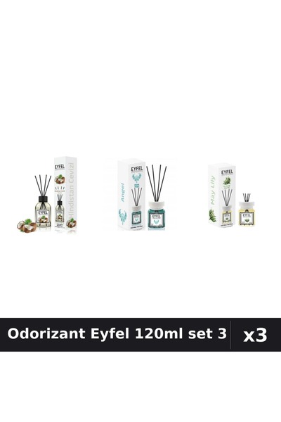 Eyfel Set 3 Odorizante Camera cu Betisoare 120ml - Angel, Lacramioare, Nuca C...
