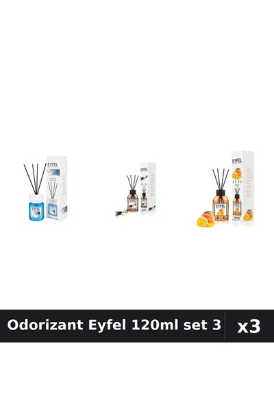 Eyfel Set 3 Odorizant Camera cu Betisoare 120ml - Cool Water, Vanilie, Mango