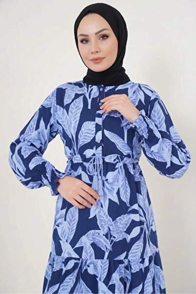 buğrahayalin Women's Sleeveless Gathered Leaf Patterned Viscose Light Navy Bl...