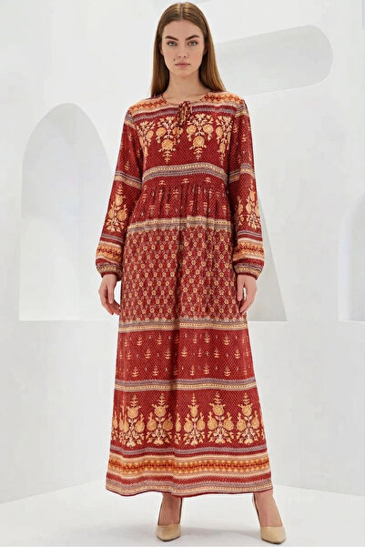 Efnaz style Women's Round Neck Gathered Floral Patterned Viscose Tile Dress