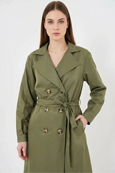buğrahayalin Women's Double-Breasted Collared Belted Khaki Trench Coat