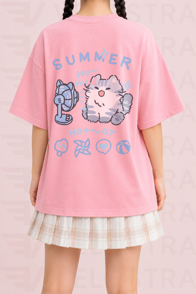 Velostra Women's Cute Summer Cat Printed Oversize Crew Neck Cotton Casual Com...