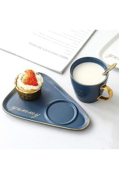 Generic 3-piece coffee cup set with gold rim ceramic and triangular saucer wi...