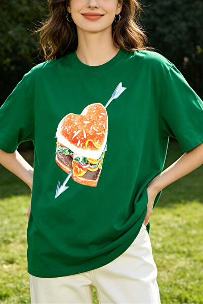 Fleck Womens T Shirts Burger Heart With Arrow Graphic Oversized Casual Summer...