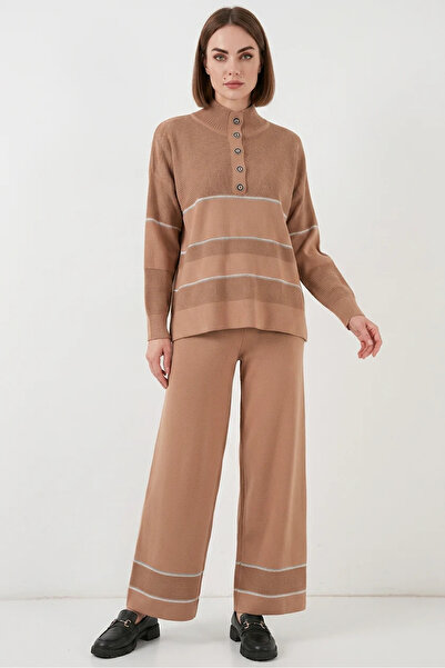 buğrahayalin Women's Buttoned Collar Oversize Striped Knitwear Camel Two-Piec...