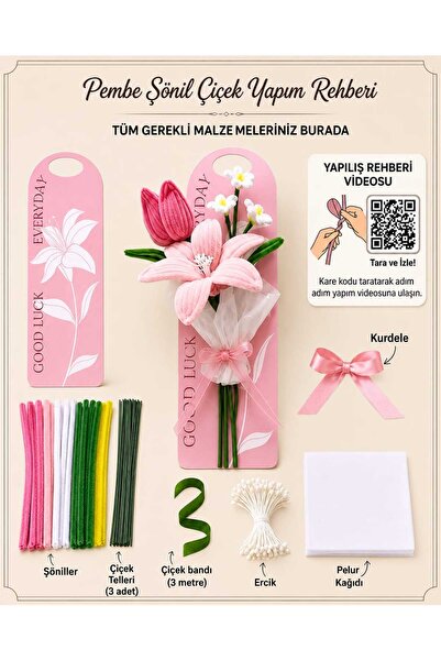 hyc heryerçiçeklenir DIY Pembe Şönil Çiçek Buketi Seti