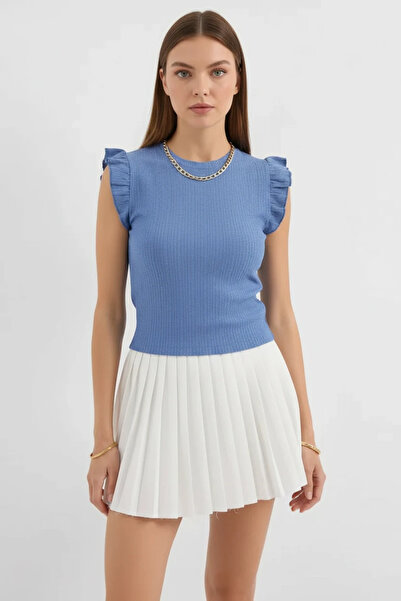 buğrahayalin Women's Round Neck Ruffle Sleeve Indigo Blouse