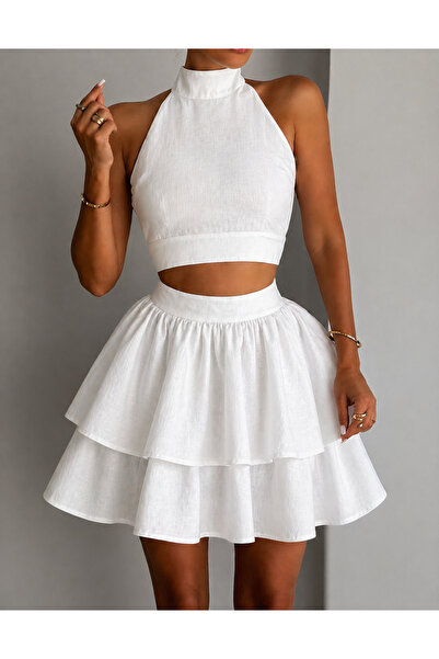 Elia Swimwear Women's Top Bottom Set Top And Skirt With Ruffles White Taormina
