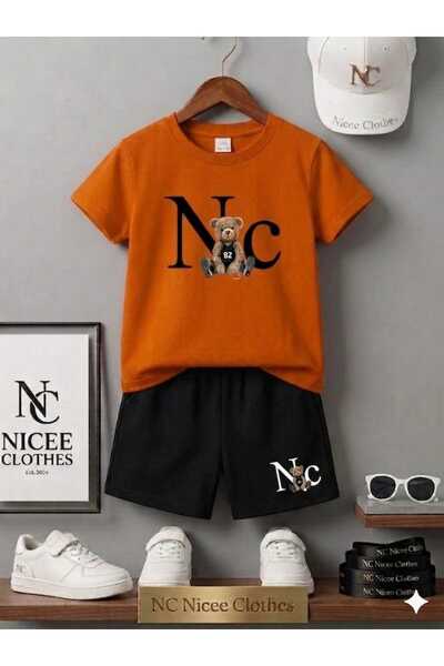 NC Nicee Clothes Summer Children's T-Shirt Shorts Unisex (Black Nc Bear Print)